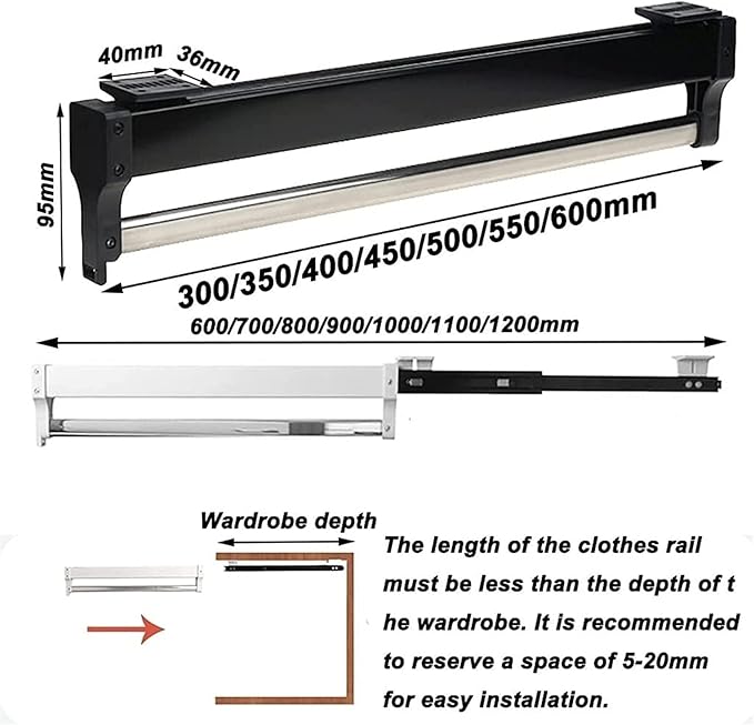 Pull Out Clothes Rail Extendable Clothes Rail - Sliding Wardrobe Closet Rod, Wardrobe Pull Out Clothes Hanger, Adjustable Sli
