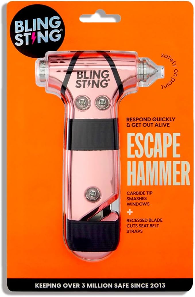 BLINGSTING Safety Hammer - Emergency Automotive Escape Tool with Window Breaker, Seat Belt Cutter & Adjustable Car Visor Stra