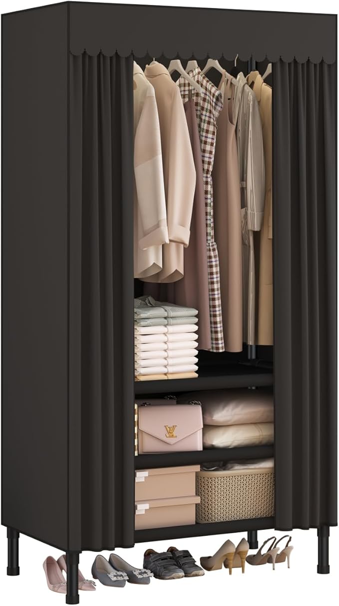 Portable Closet,Garment Rack,Heavy Duty Clothes Rack with Cover,Wardrobe Closet with 1 Hanging Rods, 2 Storage Shelves,27.5" 
