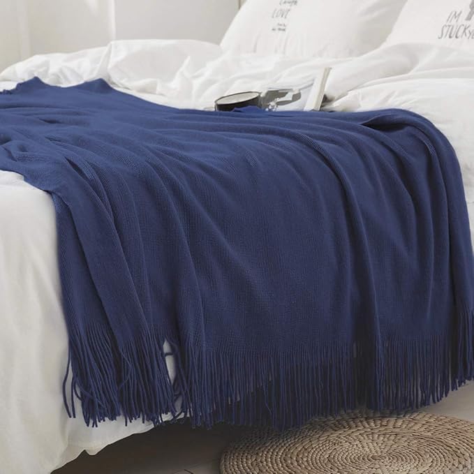 Homiest Decorative Knitted Throw Blanket with Fringe Soft & Cozy Tassel Blanket for Couch Sofa Bed (Navy Blue, 50x60)