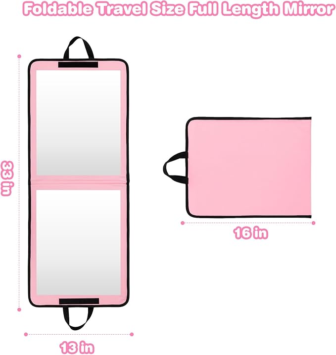 LPHUMEX Portable Pink Mirror Full Length for Dance, 33x13 Inch Hanging Mirror for Dance Bag, Lightweight Folding Travel Mirro