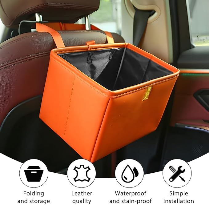 Car Trash Can, Leather Foldable Large Capacity Vehicle Hanging Garbage Bin Organizer, Waterproof Auto Interior Storage Bag Container Accessories, Universal for SUV Sedan Truck (Orange)