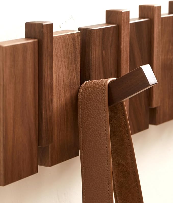 Wood Coat Rack Wall Mount - Large Walnut Piano Coat Rack wtih 5 Hooks for Hanging Clothes,Keys,Robes,Purse,Towels,Modern Deco