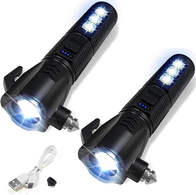 Emergency Car Flashlight - 2000 Lumen Dual Light 4-Level Battery Indicator Window Breaker & Seatbelt Cutter USB Rechargeable 