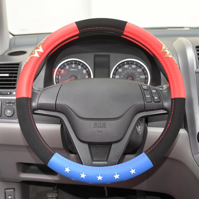 BDK Warner Bros DC Comics Wonder Woman Steering Wheel Cover - Car Accessories for Women, Superhero Heroine Gift Ideas, Original Red White Blue WonderWoman Logo, Universal Standard Fit 14.5-15.5 Inches