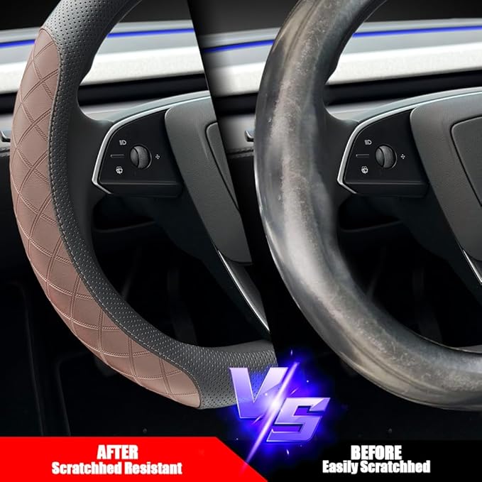 LKWLIKEI Leather Steering Wheel Cover. Elegant Diamond Checkered Design, Non-Slip and Breathable, for Tesla Model 3/Y Steerin