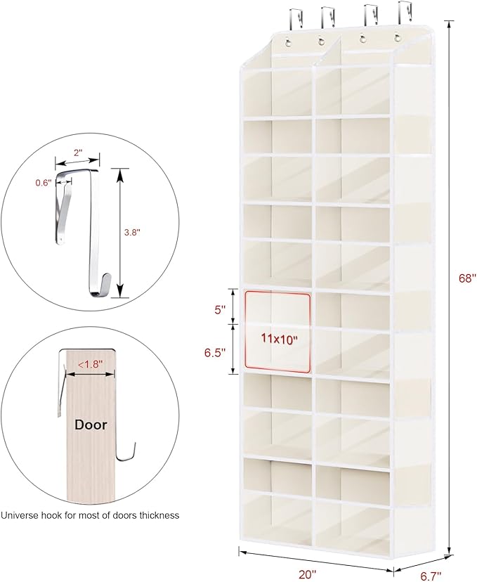 Univivi Over the Door Organizer, 6 Tiers Behind Door Storage with Clear Deep Pockets Hanging Organizer for Closet, Bedroom, N