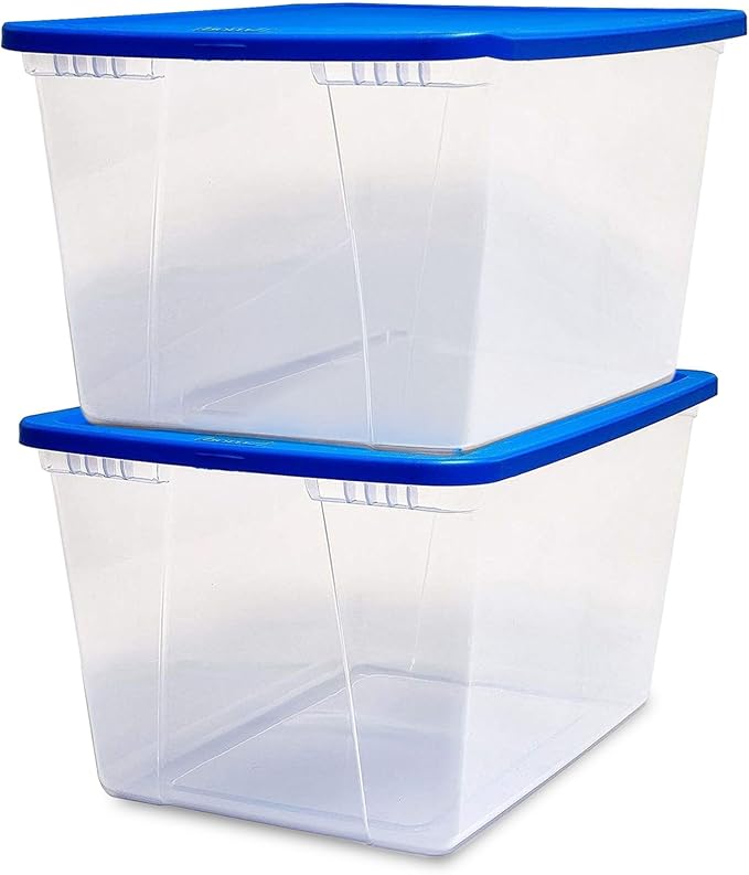 HOMZ 2-Pack Snaplock, Large Clear Plastic Storage Organizer Bins w/Lids, 56 Quart, Blue - Stackable Container Boxes for Bedro