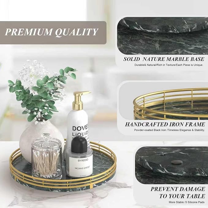 Green Marble Lazy Susan Turntable for Table Top – 10” Round Marble Tray Organizer for Dining Table, Kitchen Countertop & Bar,