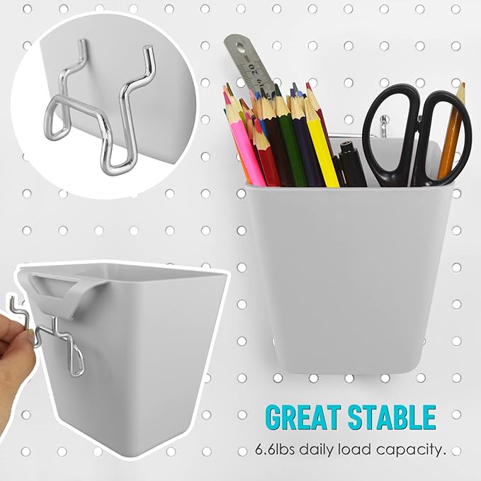 G.CORE Large Pegboard Cups Peg Board Storage Bin 6 Pack with Hooks, Square Box Shape Pegboard Cup Holder Accessories for Gara