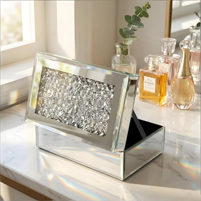 QMDECOR Luxury Silver Crushed Diamond Glass Mirrored Jewelry Organizer Box Storage