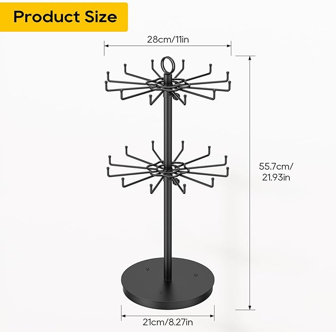ORLESS 2 Tier Rotating Jewelry Display Stand, Keychain Display Stand with 24 Hooks, Black Metal Retail Display Spinning Holde