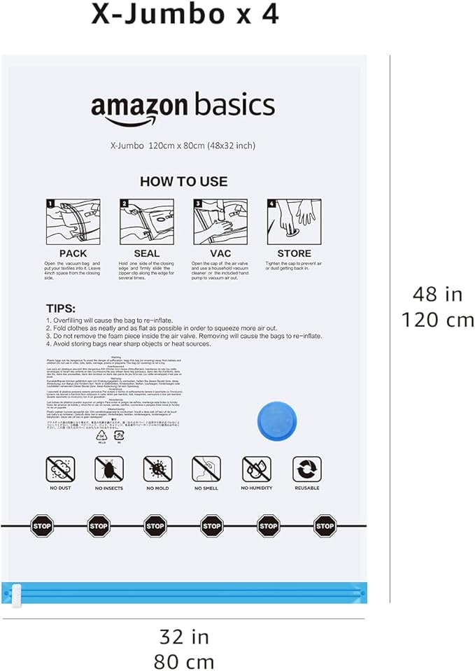 Amazon Basics Vacuum Storage Bags for Blankets, Vacuum Compression Space Saving Storage Bags with Hand Pump for Clothes Packi
