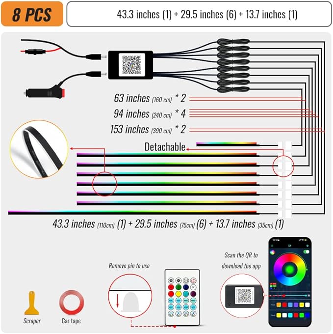 Ambient Lighting Car Led Lights Interior Kit,8 in 1 RGB Music Sync Acrylic Led Lights for Car Interior,234 inches DIY Fiber Optic Neon Accent Strip Ambiance Lighting with Wireless APP Remote