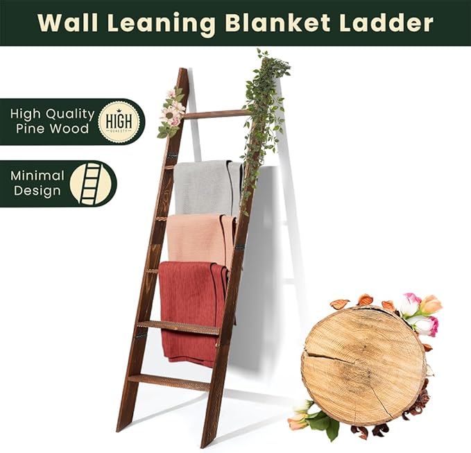 Decorative Wooden Blanket Ladder for the Living Room and Bedroom, 5ft 8 inch, Pine Wood Quilt Ladder, 6-Tier Wall Leaning Bla