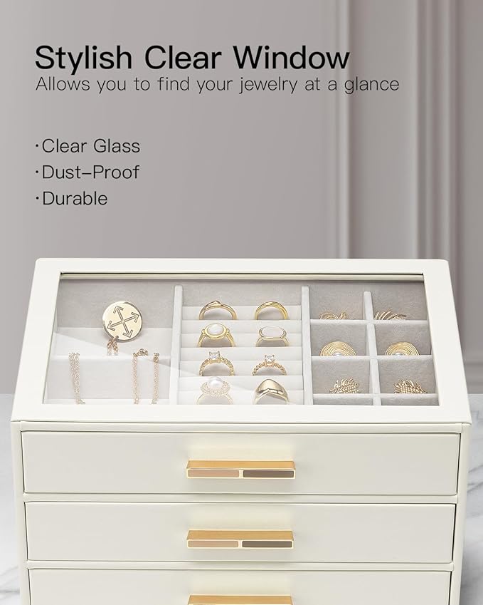 VLANDO Jewelry Box for Women, Glass Lid Jewelry Organizer with 3 Drawers for Necklaces Rings Earrings Bracelets Mother Day Gi