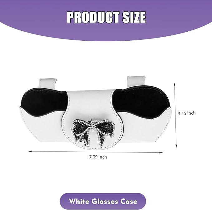 Bling Car Sunglass Holder, Rhinestone Bow Visor Storage Case for Sunglass Receipt Ornament, Soft Lining Anti-scratch Holder Clip, Interior Organizer Accessory for Cars (White)