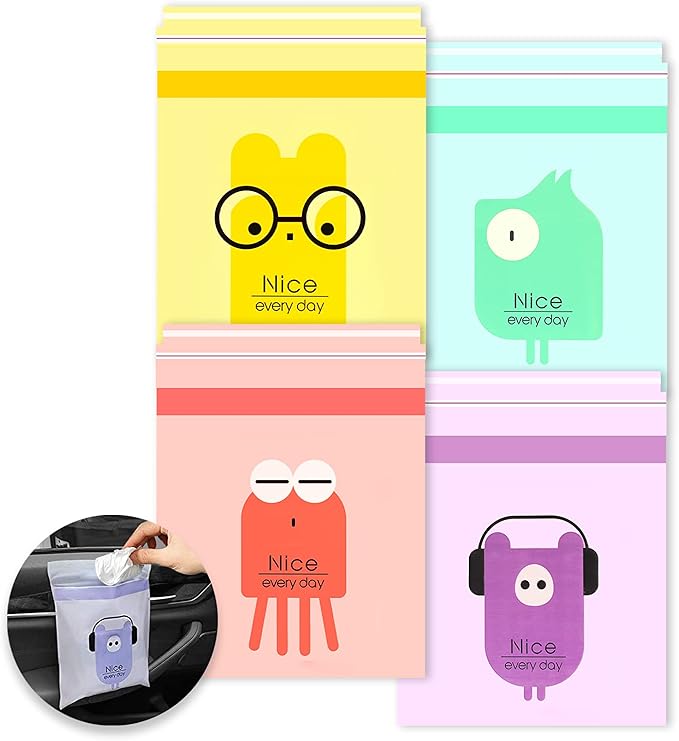 92pcs Car Trash Bags Easy Stick-On Disposable Portable Car Garbage Bags, Waterproof Leak Proof Barf Vomit Bags, Self Adhesive Cleaning Bags for Cars, Bedrooms, Bathrooms, Offices, Kitchens - Pattern A