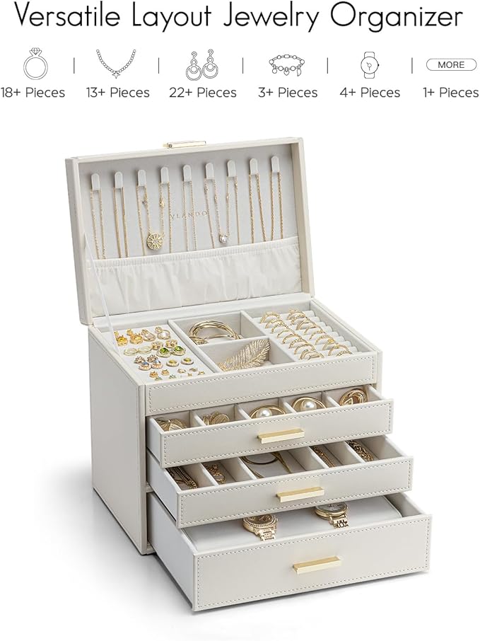 Vlando 4 Layer Large Jewelry Box - Jewelry Holder Organizer, Jewelry Box Organizer for Drawer Necklace Ring Bracelet and Watc