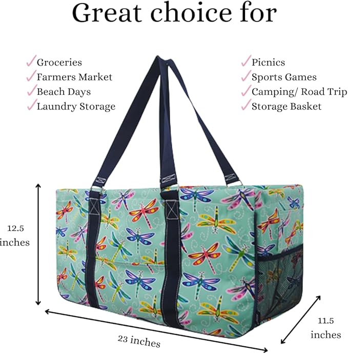 NGIL Extra Large Utility Tote Reusable Grocery Bag Oversized Collapsible for Groceries, Storage, Picnic, Beach (Dragonfly-Navy)