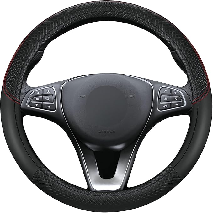 Leather Patchwork Black Steering Wheel Cover, 14.5-15 Inch Non-Slip Breathable Microfiber Car Steering Wheel Protector