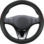 Leather Patchwork Black Steering Wheel Cover, 14.5-15 Inch Non-Slip Breathable Microfiber Car Steering Wheel Protector