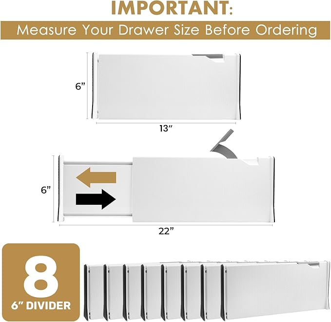 RAPTUROUS Adjustable Deep Drawer Divider – 6" Tall, Expandable 13-22", 8-Pack, Non-Slip Drawer Dividers for Clothes, Dresser,