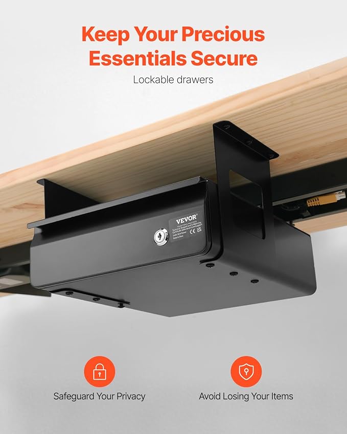 VEVOR Under Desk Lockable Slide Out Drawer, 13 inch Under Desk Pull-out Drawer for Sit Stand Workstation, Secure Under Counte