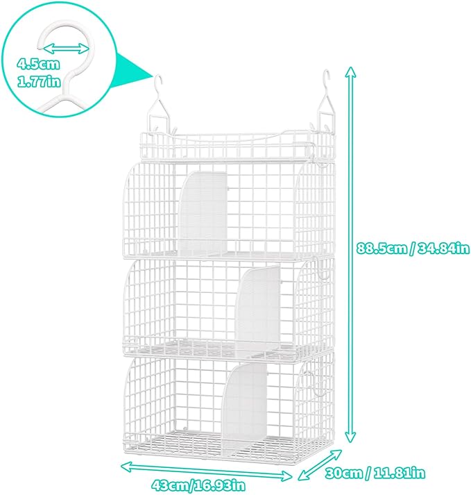 HapiRm Hanging Closet Organizer Storage - 3 Tier Metal Stackable Hanging Closet Shelves with Dividers and S Hooks, Foldable C