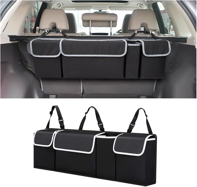 Car Trunk Organizer with Lid, Backseat Hanging Storage Bag with 4 Pockets & 3 Adjustable Straps, Waterproof PVC