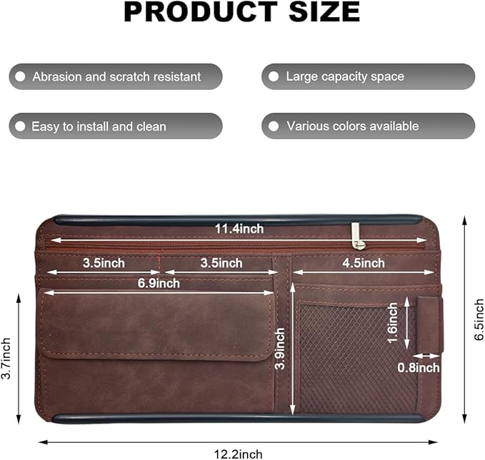 Car Sun Visor Organizer, Leather Sun Visor Pocket Organizer Case with Multi-Pocket Net Zipper, Suede Note Holder Car Visor Storage Pouch for Card Pen Sunglasses Document (Brown)