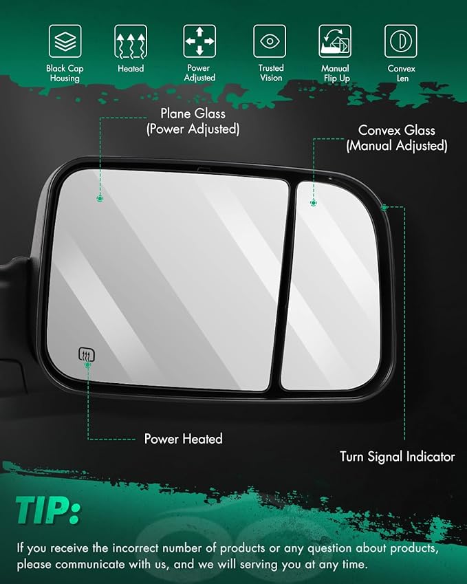 Towing Mirror Compatible With 1998-2001 for Dodge for Ram 1500 for Ram 2500 for Ram 3500 Pickup Truck Tow Mirror Adjusted Heated Turn Signal Light Manual Folding and Flip Up 1 Pair