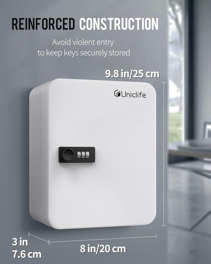 Uniclife 28-Key Steel Key Cabinet with Combination Lock Wall Mounted Key Organizer with Resettable Code White Digital Securit