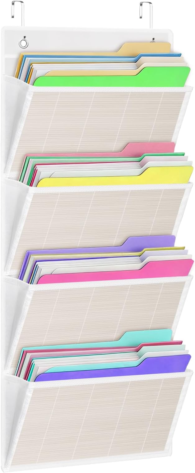 homyfort hanging wall file organizer, Over the door file folder organizer with 4 Large Bamboo Pockets, Suitable for Home, Off