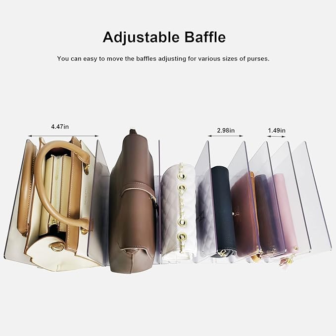 Purse Organizer for Closet, Adjustable Clear Shelf Dividers for Closet Organization Plastic Purse Storage Organizer Bag Organ