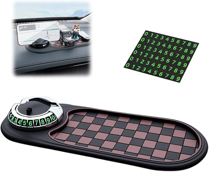 Multifunction Car Anti-Slip Mat, Non-Slip Dashboard Storage Pad with 360° Rotatable Phone Holder & Temporary Parking Number, 