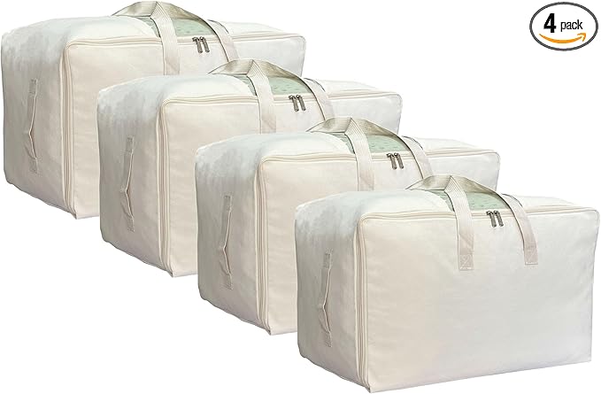 Soft Large Canvas Storage Bags with Zipper and Clear Window, Cotton Linen Storage for Pillows, Quilt, Blankets and Comforter,