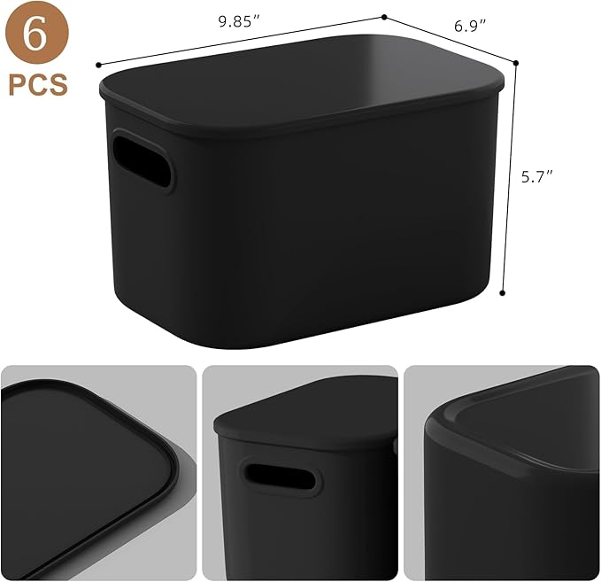 ORGIDOL 6 Pack Black Storage Bins with Lids Stackable Storage Container for Organizing, Black Storage Boxes with Handle for S