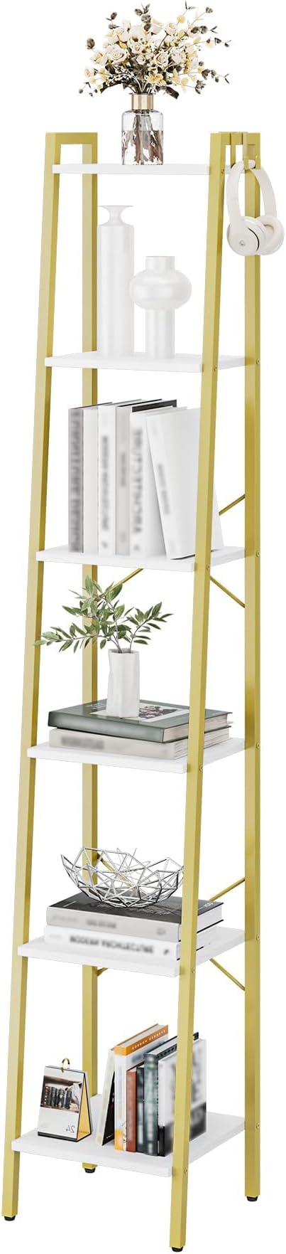 Hzuaneri Ladder Shelf, Bookshelf Bookcase, Freestanding Corner Storage Shelve with 2 Hooks for Home Office, Living Room, Kitc