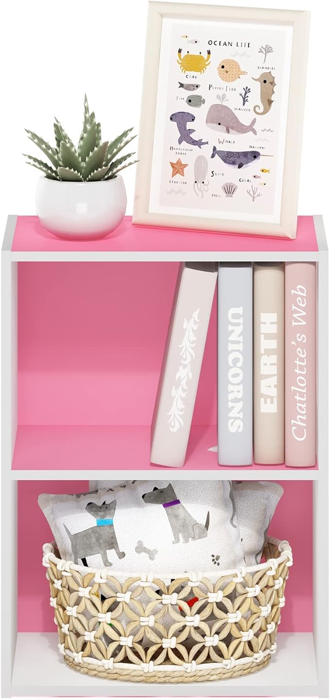 Furinno Luder Bookcase / Book / Storage, 2-Tier, Pink/White