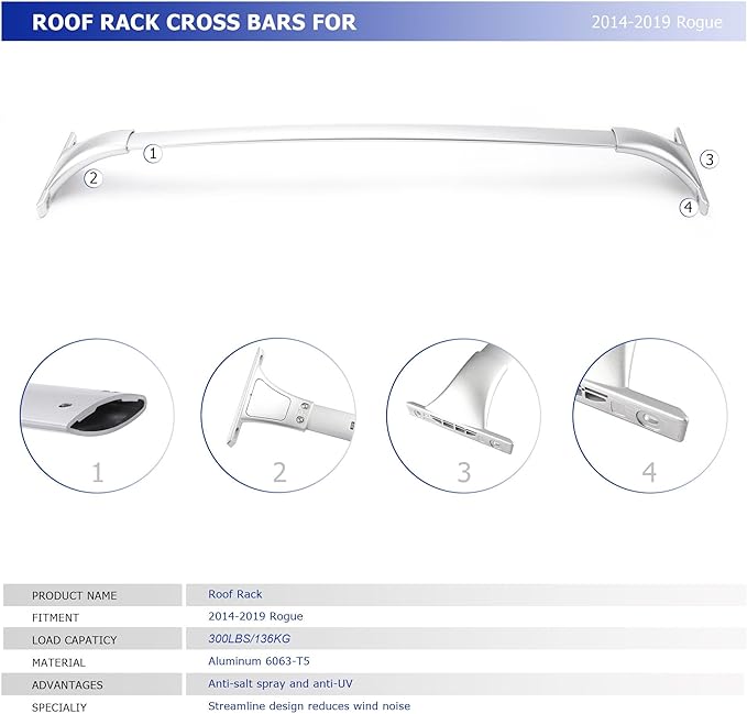 300LBS Full Aluminum Roof Rack Cross Bars for 2014-2020 Rogue, Aluminum Anti-Corrosion CrossBars Cargo Carrier for Rooftop Bag Luggage Kayak Bicycles Canoe