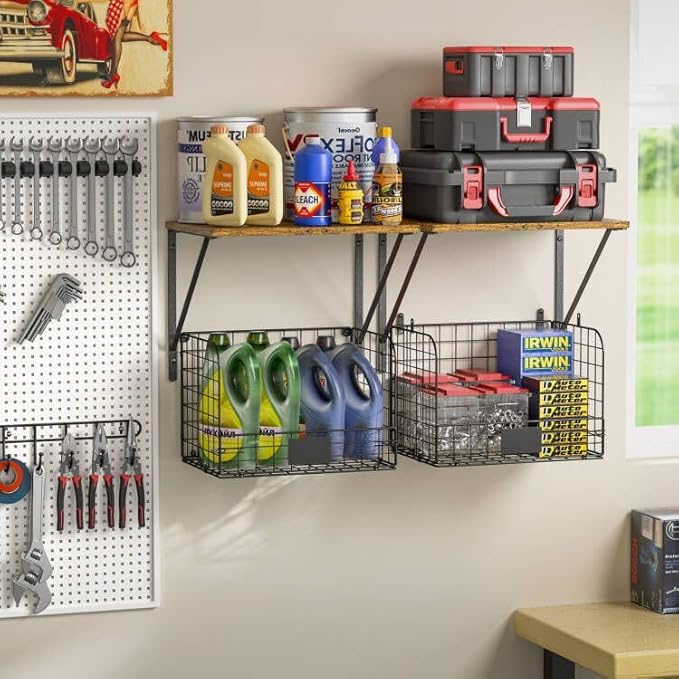 ThreeHio 2 Pack Garage Shelves Wall Mounted with Wire Storage baskets, Heavy Duty Garage Wall Shelving with Hooks, Wooden flo