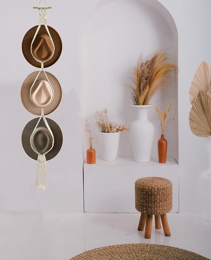 2 Pieces Hat Racks Hat Hangers for Wall, Bohemian Hat Organizer for Wall Hanging Hat Display, Hand Weaving Boho Hat Rack Deco