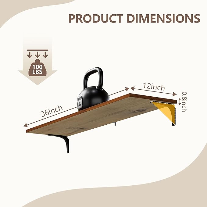 12 Inch Deep Floating Shelves Set of 3, 36 Inch Extra Wide Walnut Solid Wood Wall Shelves with 150 lbs Capacity, Heavy Duty F