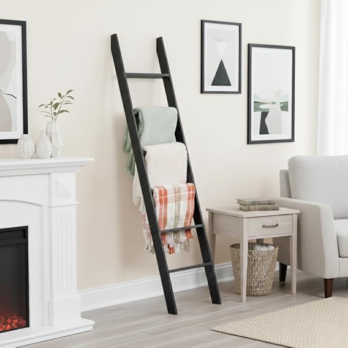 Blanket Ladder for The Living Room and Bedroom, 5ft 8 inch, 6-Tier Wall Leaning Laminate Snag Free Material (Black) Rustic De