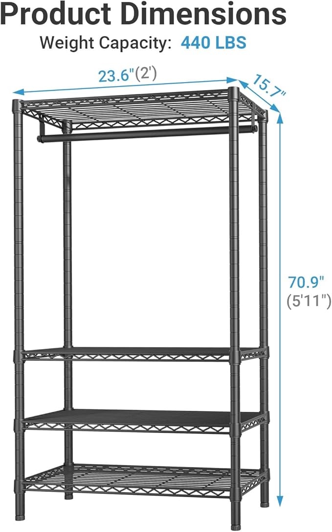 VIPEK V1 Medium Portable Garment Racks 440lbs Load Capacity, Heavy Duty Clothes Rack with 4 Tiers Adjustable Shelves & Hangin