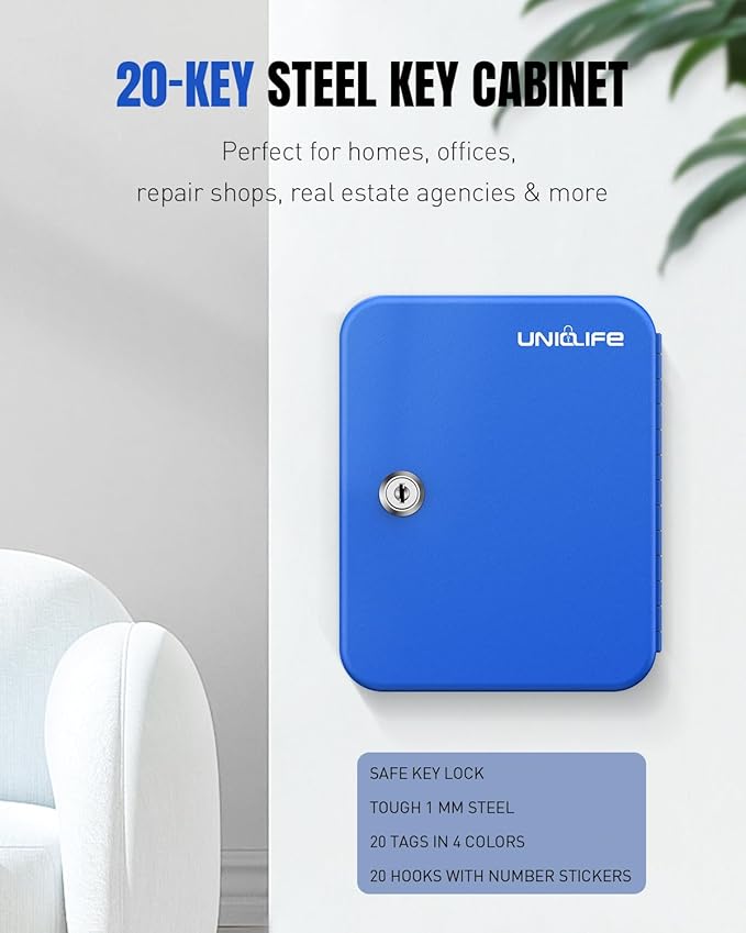 Uniclife 20 Keys Key Lock Box, Wall Mount Key Box, Lock Box for Keys, Key Lockbox with Tags, Key Cabinet, Key Holder Storage 