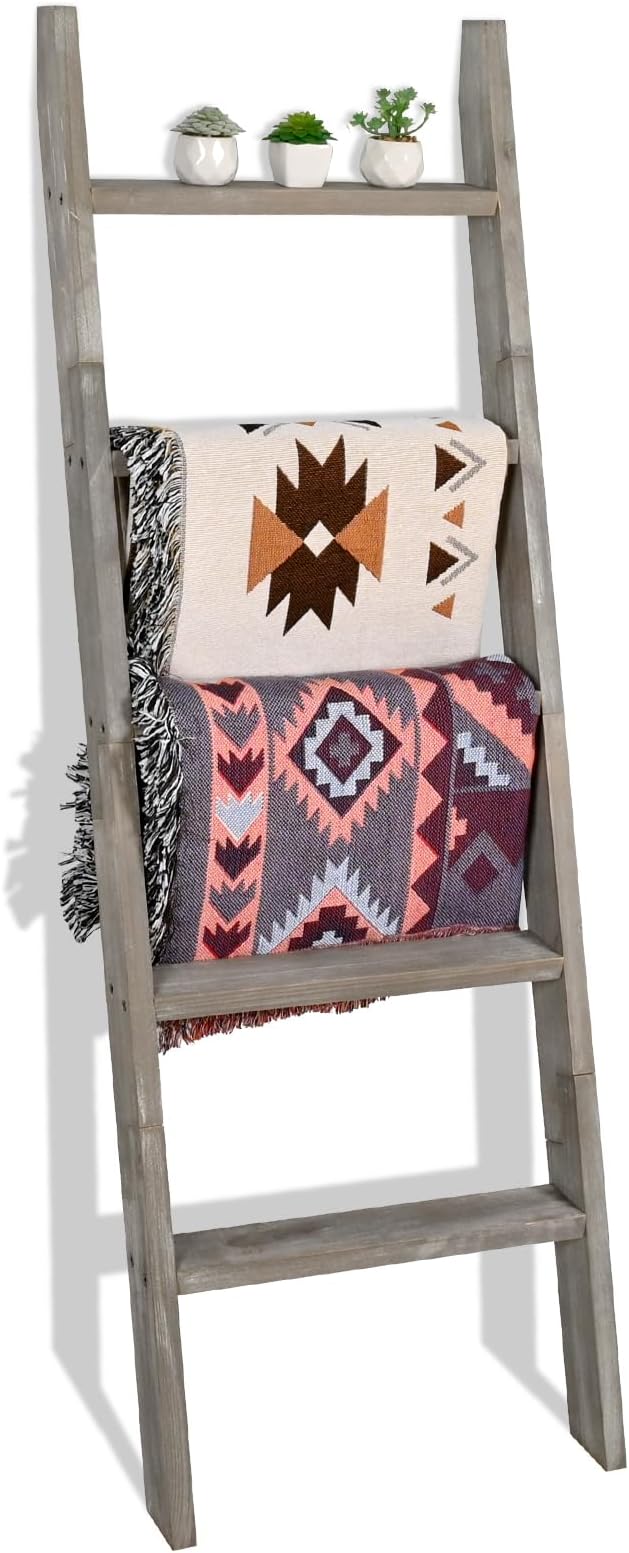 FUIN 5ft (58") Wood Blanket Ladder Living Room Decorative Wall Leaning Farmhouse Quilt Display Holder Shelf Rustic Wooden Tow