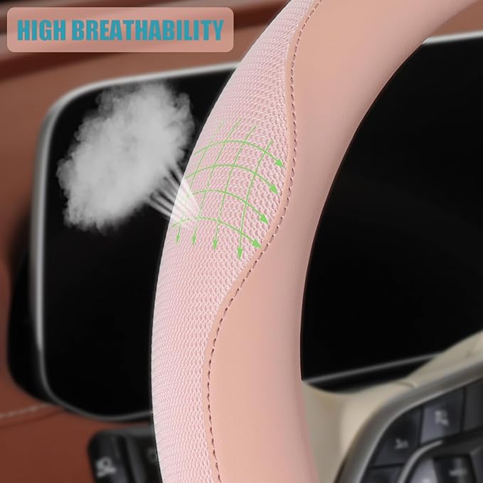 14 inch Steering Wheel Cover for Prius Civic, Nappa Microfiber Leather Non-Slip Breathable Fabric, Warm in Winter and Cool in