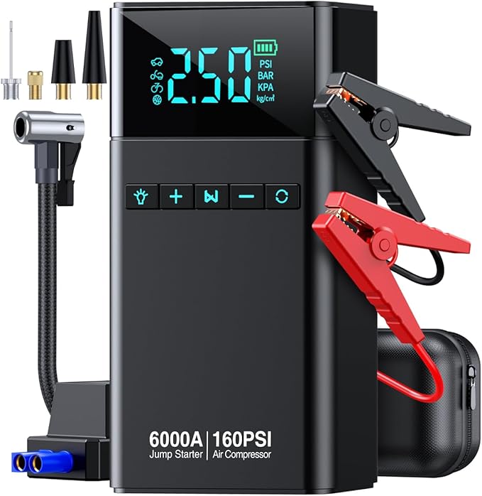 10-in-1 Portable Car Battery Jump Starter with Air Compressor, 6000A 160PSI Portable Car Jumper Starter (All Gas 12L